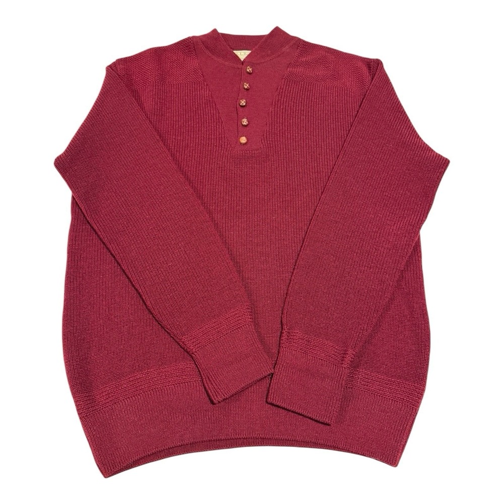 LL Bean Men's XL Wool Fisherman Henley Sweater Red Maroon Made in USA